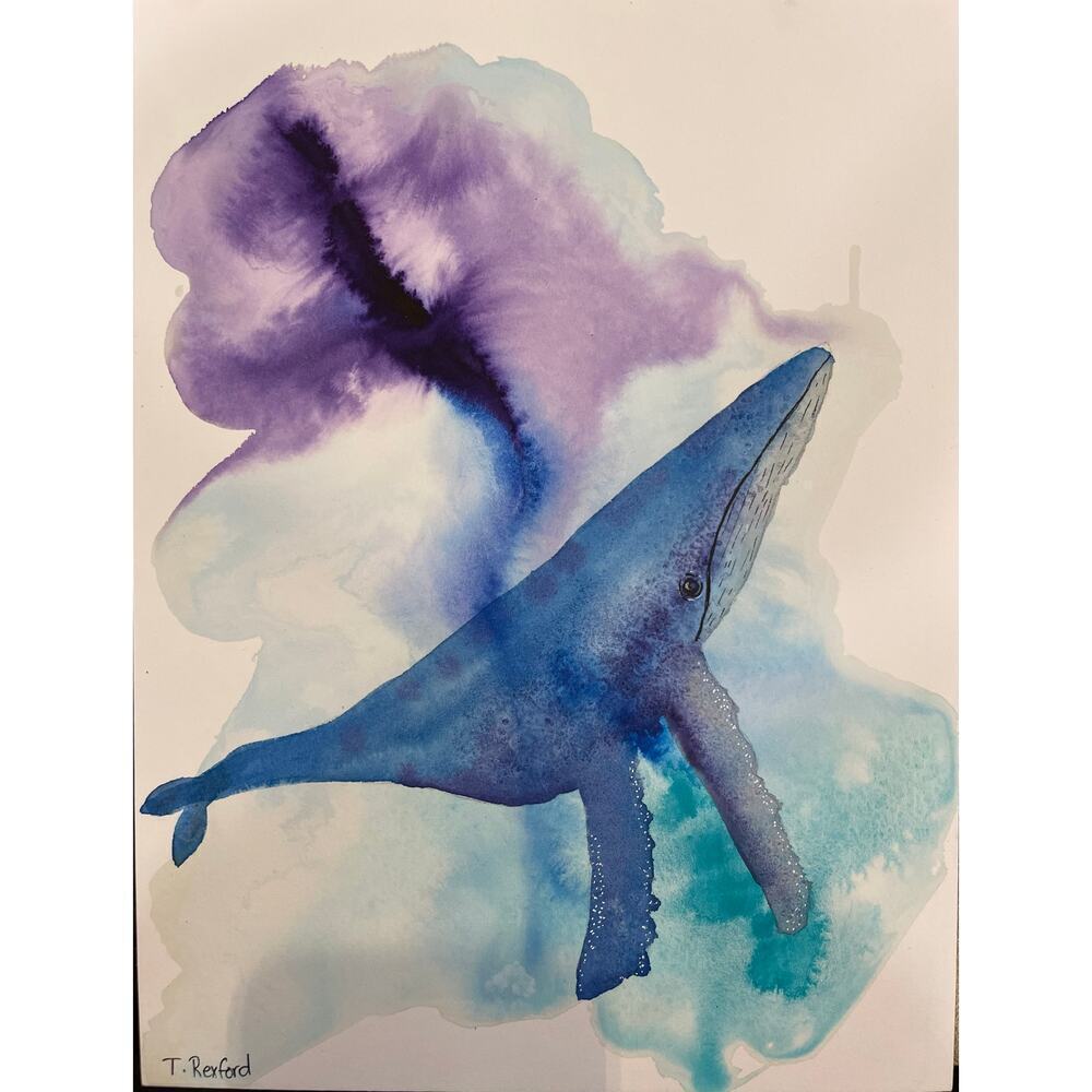 Hand painted watercolor original painting whale underwater